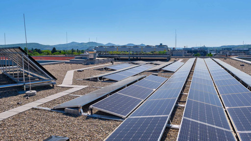Eine Dacheindichtung mit Dachbegrünung und PV-Anlage.