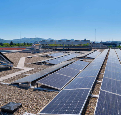 Eine Dacheindichtung mit Dachbegrünung und PV-Anlage.
